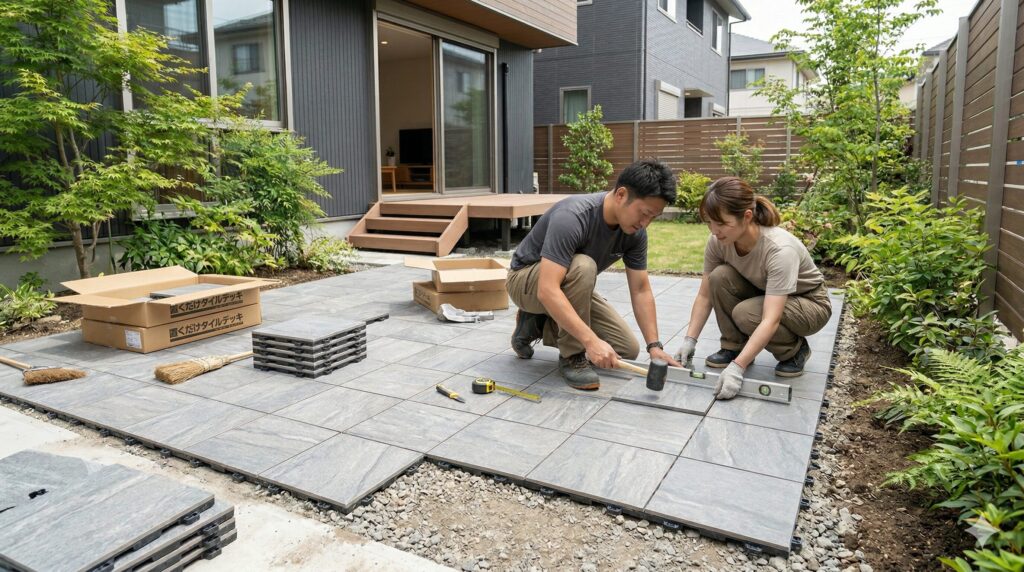 置くだけのタイルデッキの施工