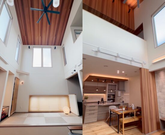 リビング吹き抜けと勾配天井