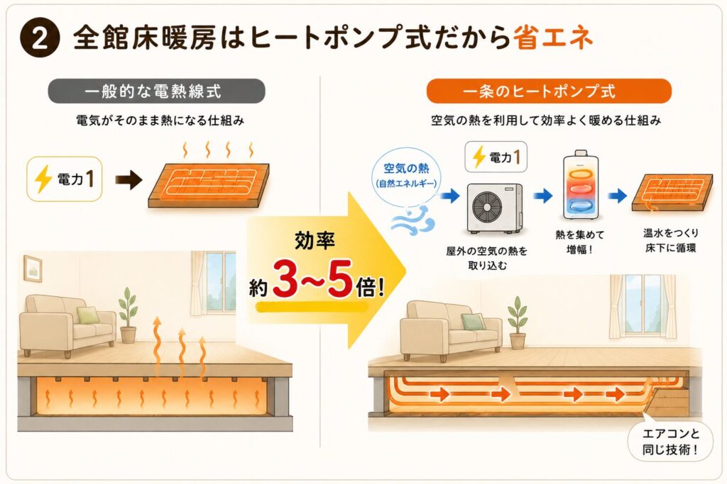 全館床暖房はヒートポンプ式だから省エネ