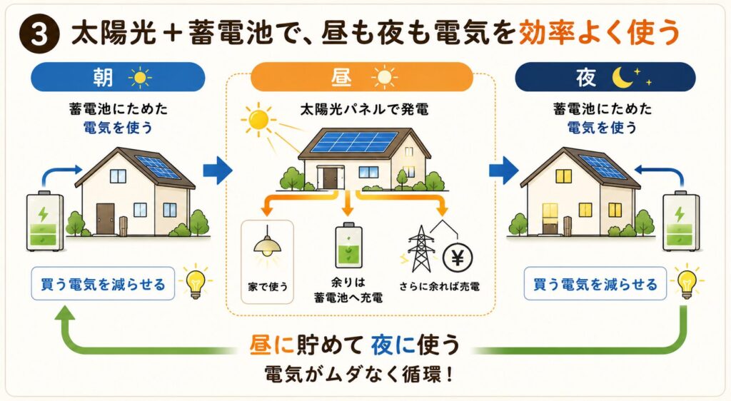 太陽光と蓄電池で昼も夜も電気を効率よく使う