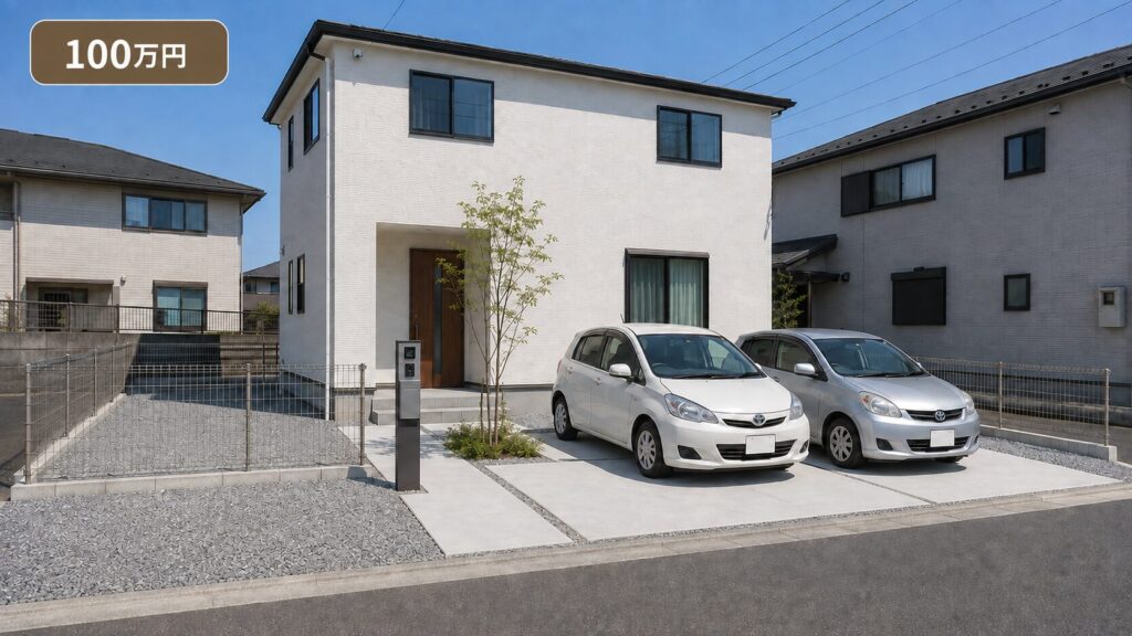 外構費用100万円のイメージ。土間コンクリートの駐車場に機能門柱とシンボルツリー、砂利敷きを加えた外構