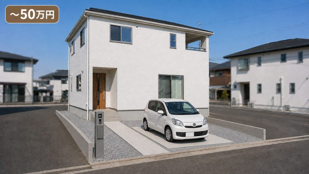外構費用50万円のイメージ。駐車場の土間コンクリートと境界のメッシュフェンス、ポストのみのシンプルな外構