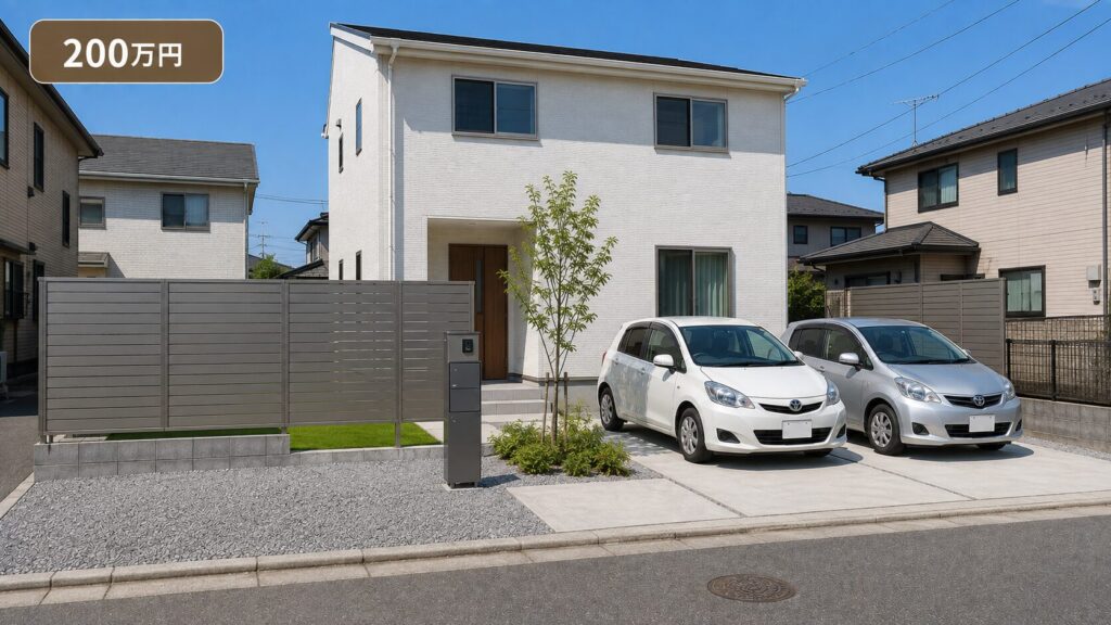 外構費用200万円のイメージ。道路側にアルミ製目隠しフェンスと宅配ボックス付き門柱、人工芝の庭。カーポートなしの外構