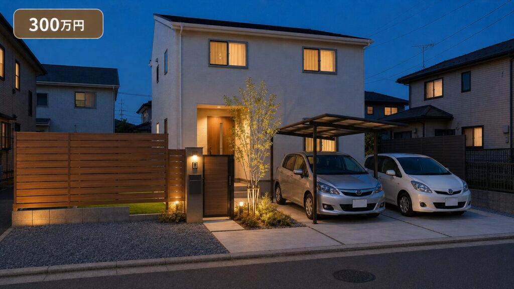 外構費用300万円のイメージ。木目調フェンスとカーポートに外構照明を加えた夕暮れの外構