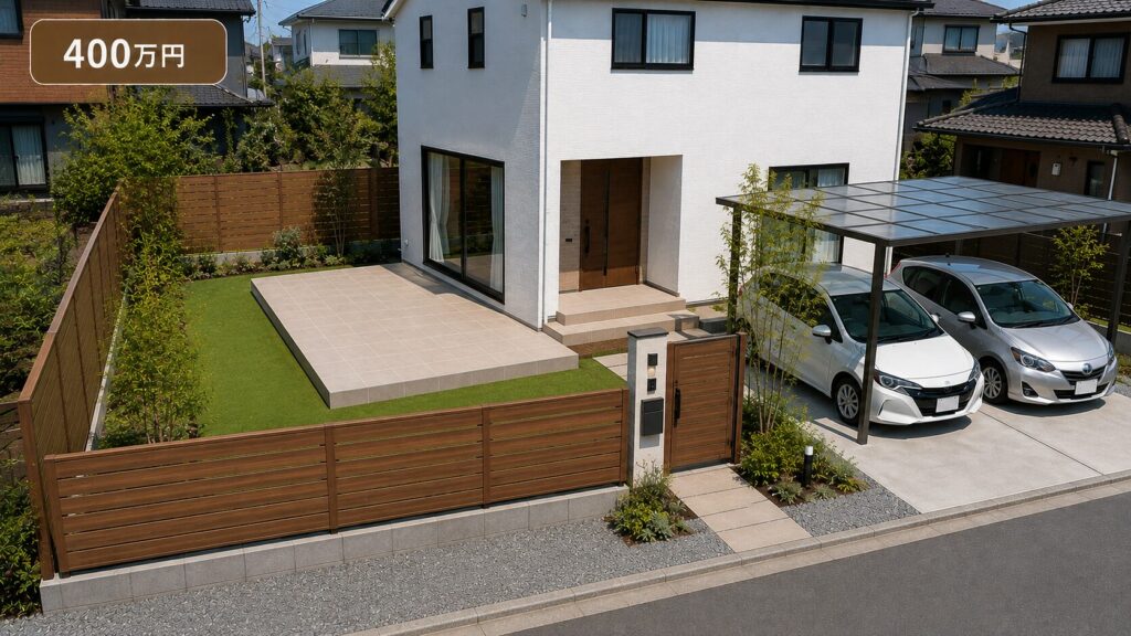 外構費用400万円のイメージ。タイルデッキと人工芝の庭を備えた、木目調フェンスとカーポートのある外構