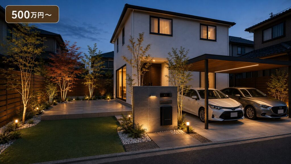 外構費用500万円以上のイメージ。造作門柱と広いタイルデッキ、株立ちの植栽をライトアップした和モダン外構