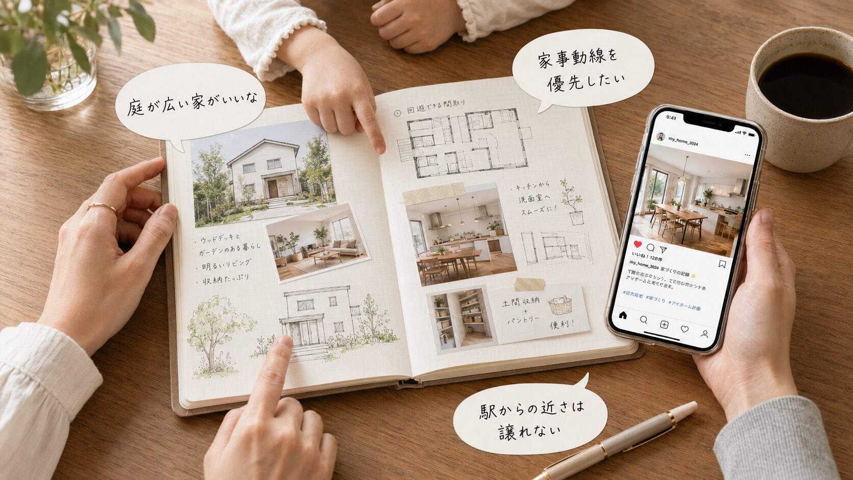 家づくりの情報収集、イメージづくり、家づくりノートとSNSで情報を集めて家族で優先順位を決める