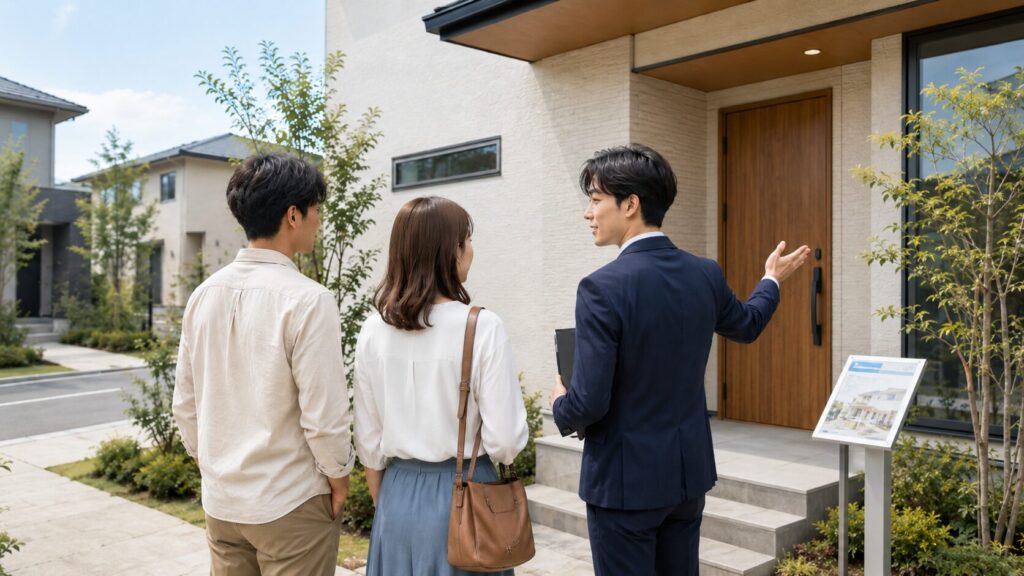夫婦が住宅展示場を見学している様子