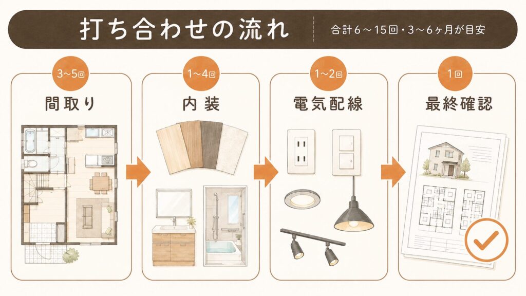 打合せの流れ・合計6〜15回、3〜6ヶ月が目安