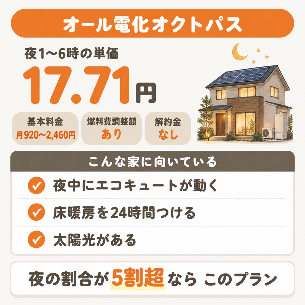 オール電化オクトパスの基本情報と向いている家 夜1〜6時17.71円 夜の割合が5割超ならこのプラン