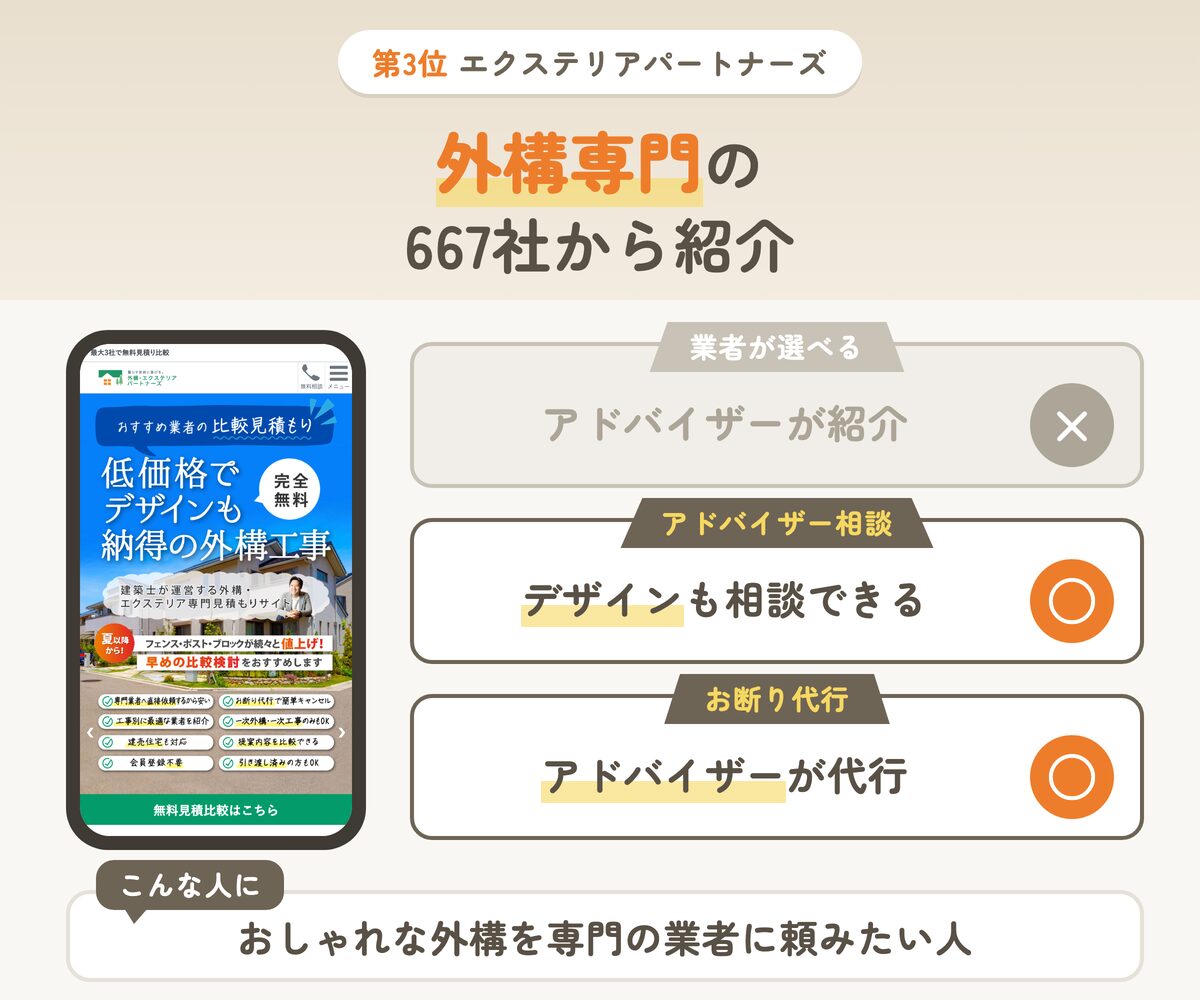 エクステリアパートナーズの特徴（業者が選べる×・アドバイザー相談○・お断り代行○）