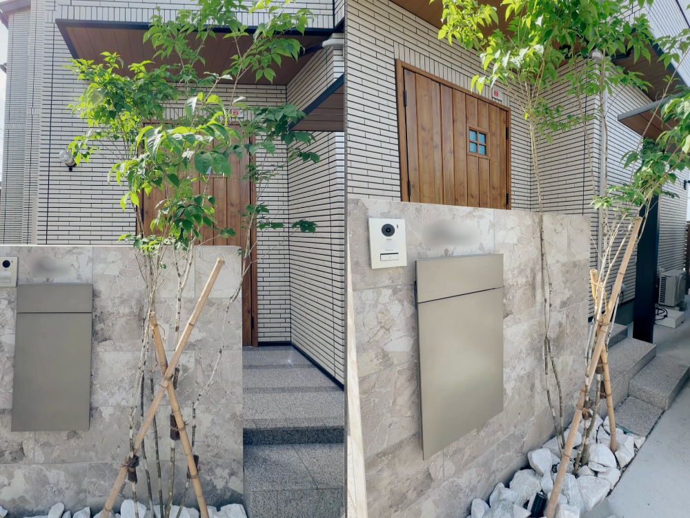 ねーやんの家のタイル門柱、タイルは名古屋モザイクのアイズストン