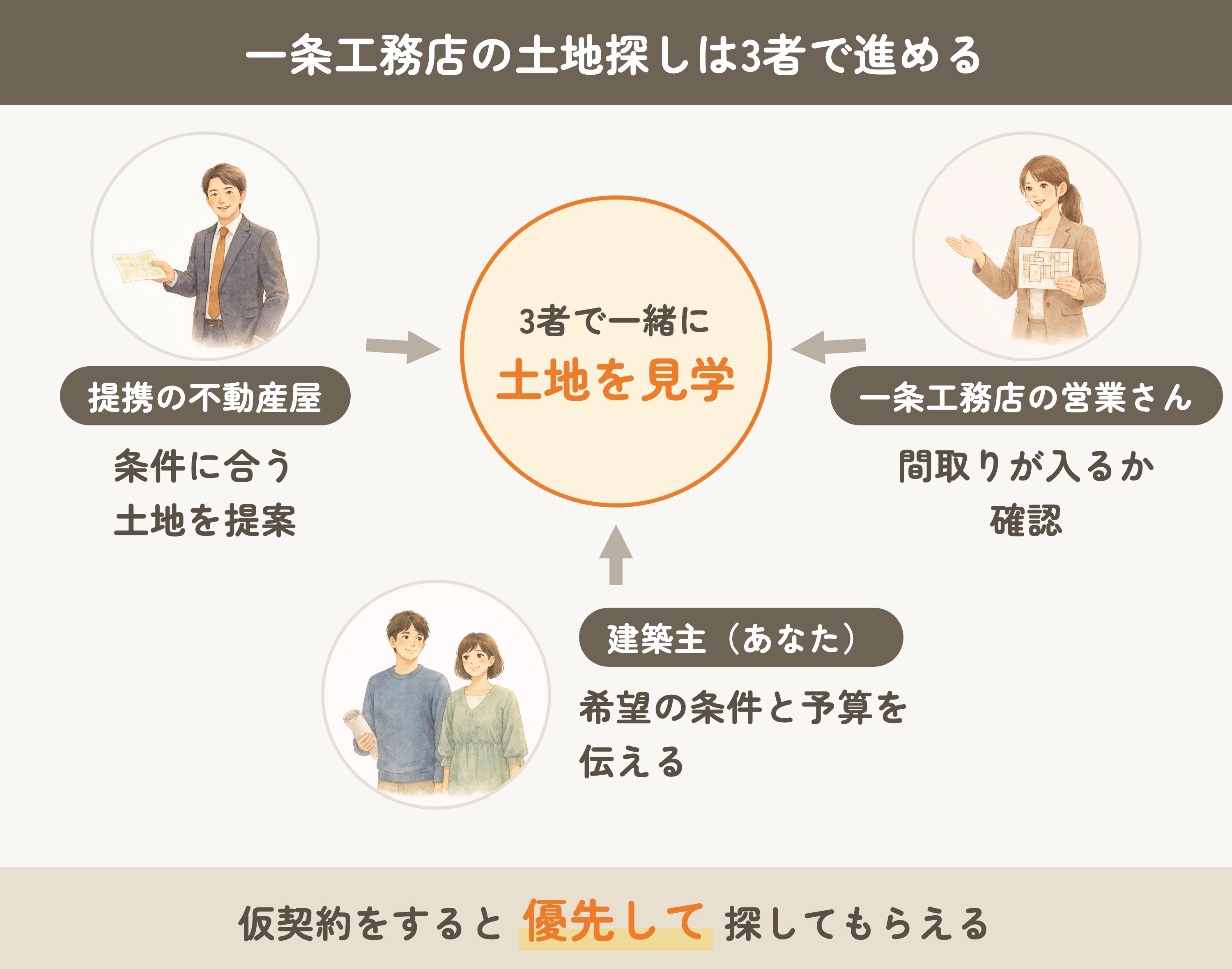 一条工務店の土地探しは、提携の不動産屋・一条工務店の営業さん・建築主の3者で進める