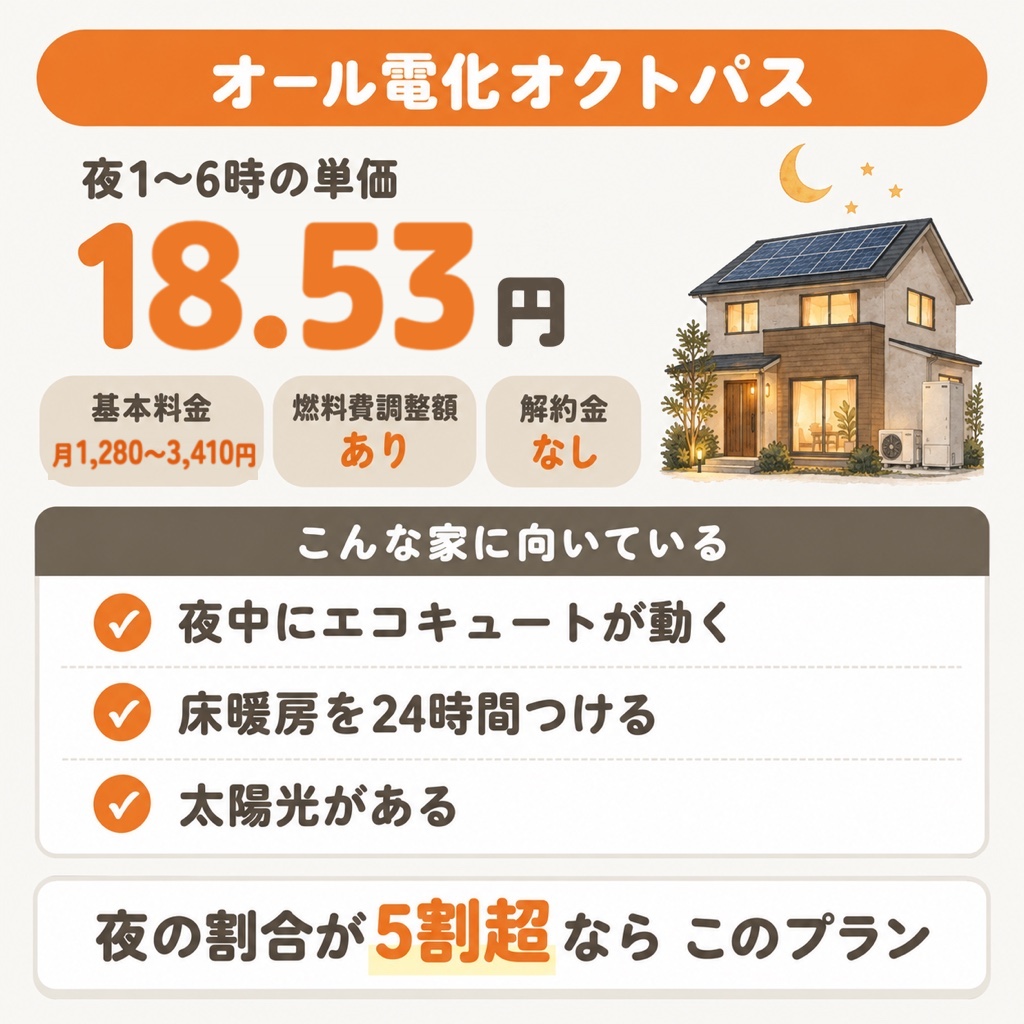 オール電化オクトパスの基本情報と向いている家 夜1〜6時18.53円 夜の割合が5割超ならこのプラン