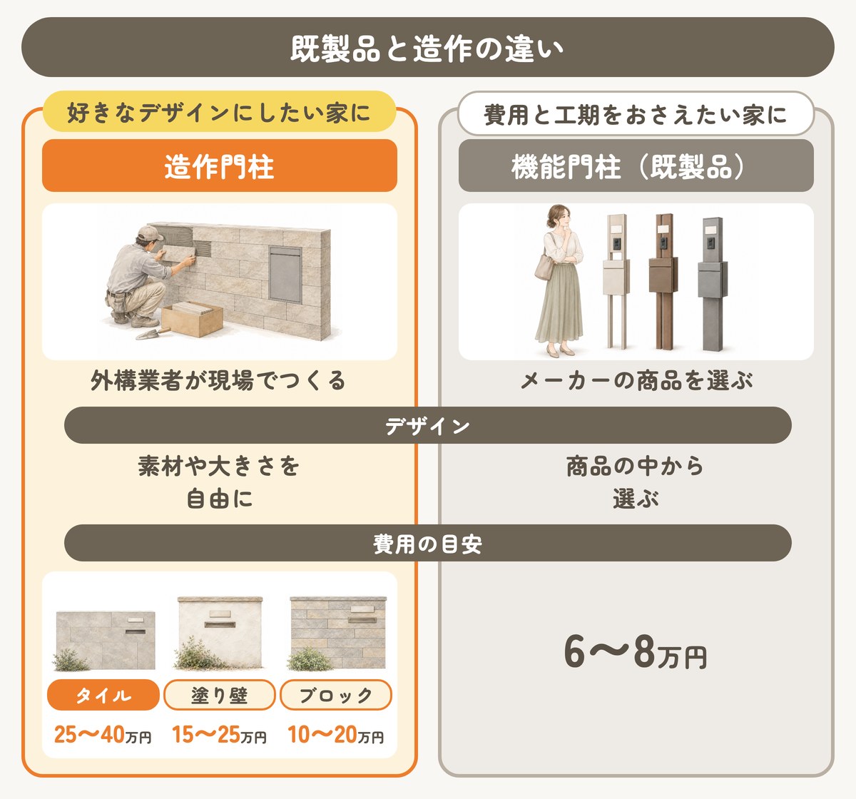 造作門柱と機能門柱（既製品）の違い。造作門柱はタイル・塗り壁・ブロックから選べ、費用の目安はタイル25〜40万円・塗り壁15〜25万円・ブロック10〜20万円、機能門柱は6〜8万円